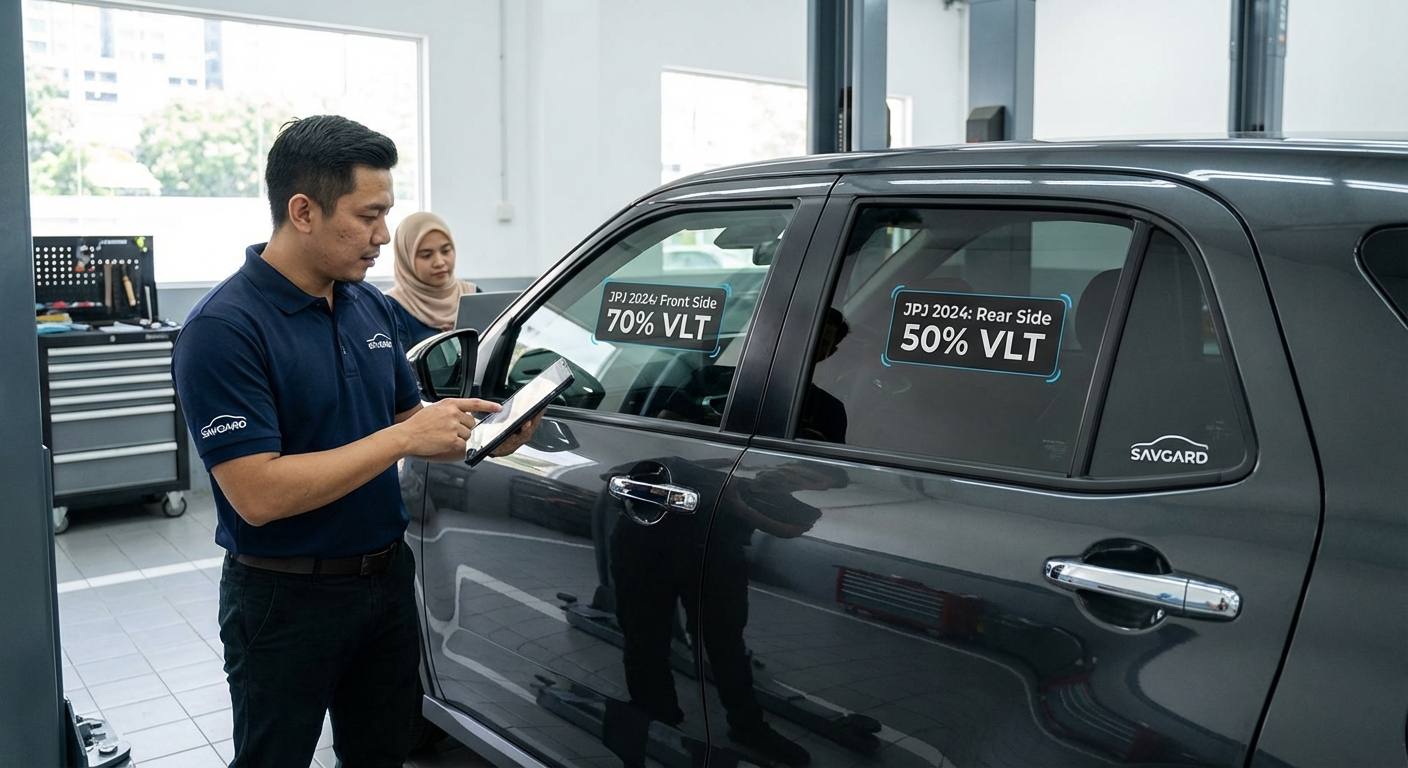 Tinted Kereta Exora: Pilih SAVGARD di KL 32 Close-up of car windows showing tint levels with JPJ 2024 regulations annotations