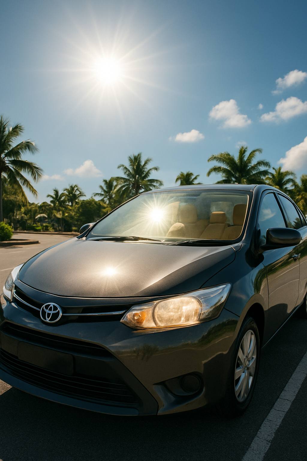 Toyota Car Tint Price Guide in Kuala Lumpur 31 A Toyota car parked under the bright tropical sun in Malaysia, with visible glare on the windshield and leather seats heated, illustrating the discomfort of driving without tint.