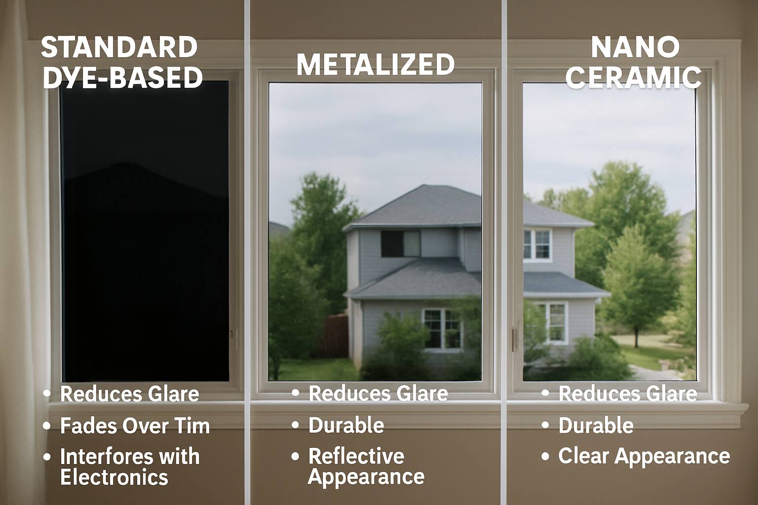 Toyota Car Tint Price Guide in Kuala Lumpur 32 A comparison image showing different types of window tint films: standard dye-based, metalized, and nano ceramic films, highlighting their features and effects.