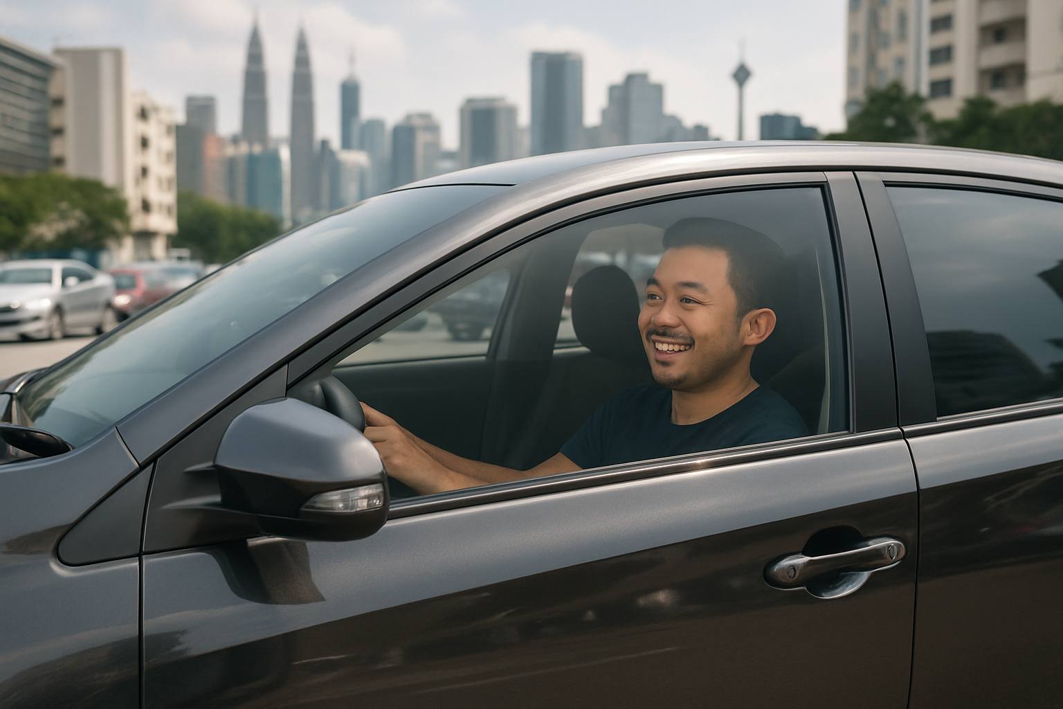 Toyota Car Tint Price Guide in Kuala Lumpur 33 A happy Toyota owner driving comfortably with tinted windows, showing reduced glare, enhanced privacy, and protection from sun, set in Kuala Lumpur city traffic.