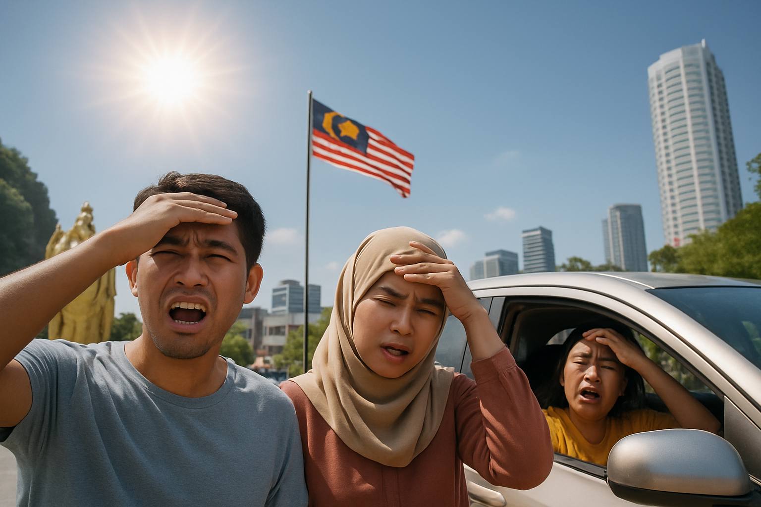 Best Window Tint Film in Malaysia: Your Ultimate Guide 31 A bright, sunny Malaysian city scene showing intense sunlight with people shielding their eyes, and a car with untinted windows feeling overheated under the sun.