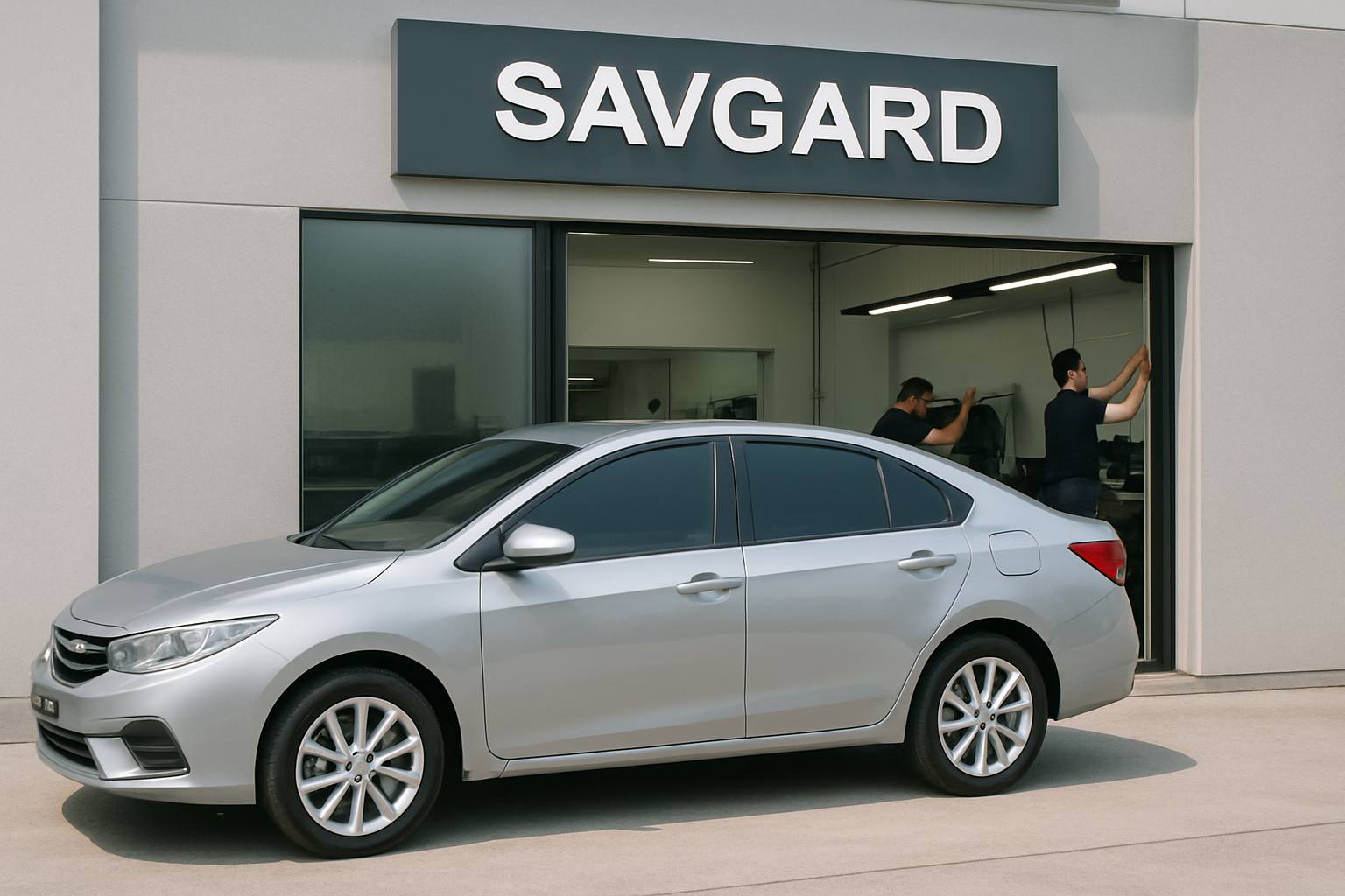 Best Window Tint Film in Malaysia: Your Ultimate Guide 33 A Malaysian car with professionally installed window tints parked outside a modern workshop labeled SAVGARD, showcasing clean and precise installation with technicians at work.