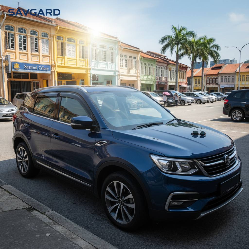 Why Kuala Lumpur Homeowners Need Window Tint Film 31 A vibrant street scene in Kuala Lumpur under bright tropical sunlight, showing a house with sun shining on the windows and a dashboard heating inside a parked car, illustrating the intense tropical heat.