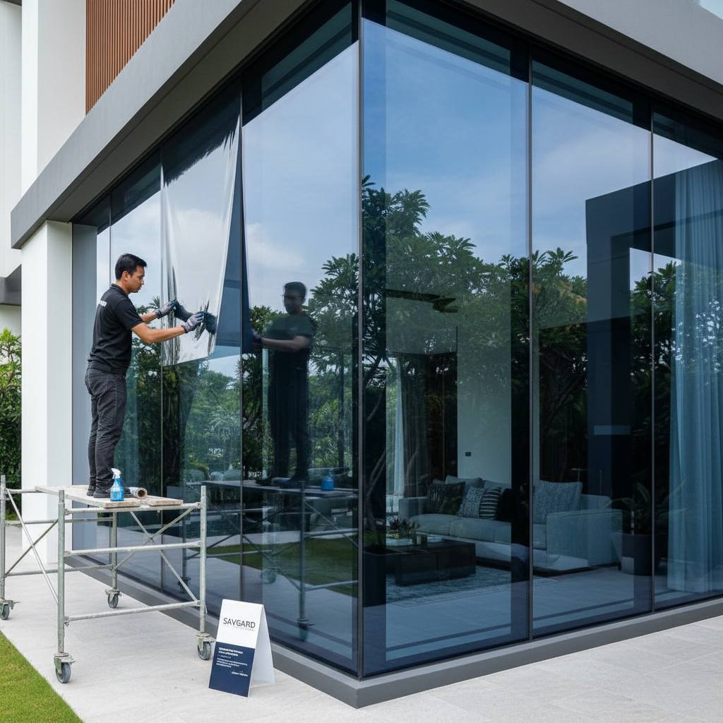 Why Kuala Lumpur Homeowners Need Window Tint Film 34 A sleek, modern Kuala Lumpur home with tinted windows, highlighting privacy and aesthetic upgrade, alongside a professional technician installing window tint film, representing expert installation and trust in SAVGARD.