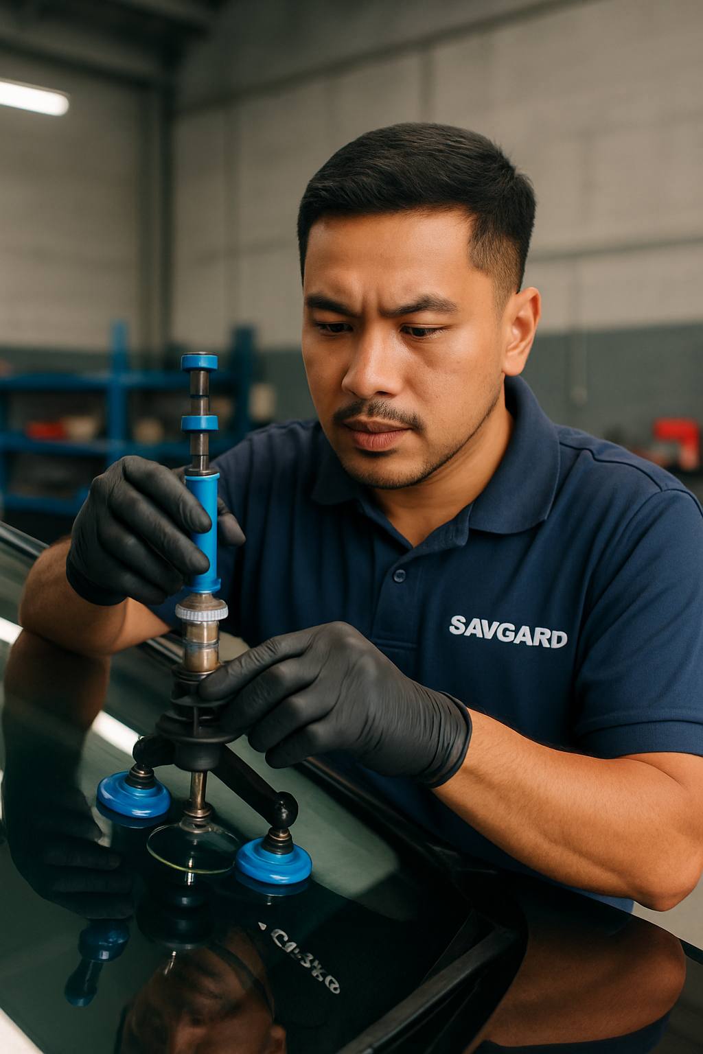Ampang Windscreen Care: Your Car’s True Hero 32 An expert technician from SAVGARD performing a quick windscreen chip repair using advanced tools in a workshop.