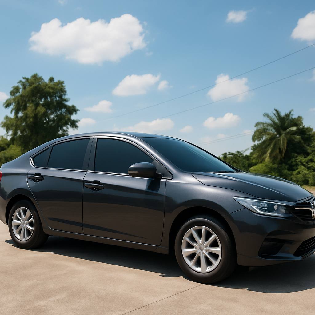 Ampang Windscreen Care: Your Car’s True Hero 34 A sleek car with JPJ-approved tinted windows parked under bright Malaysian sun, illustrating heat reduction and privacy.