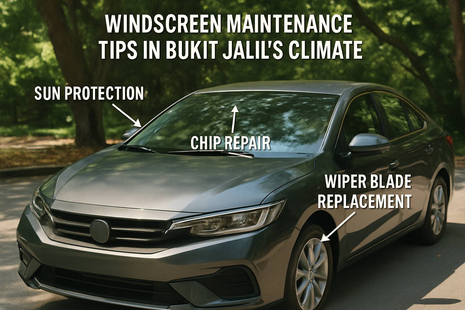 Expert Windscreen Services in Bukit Jalil by SAVGARD 34 A car parked in a shaded area with tips displayed around it for windscreen maintenance in Bukit Jalil’s climate, including sun protection, chip repair, and wiper blade replacement.