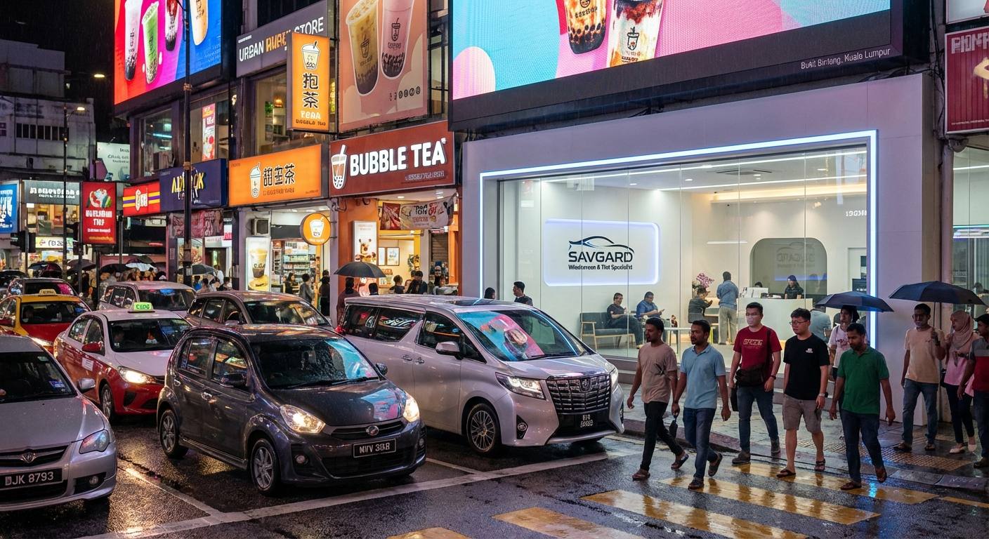 Windscreen Repair Services in Bukit Bintang with SAVGARD 31 A vibrant, neon-lit street scene of Bukit Bintang, Kuala Lumpur, showing busy traffic, bubble tea shops, and pedestrians navigating the lively area.