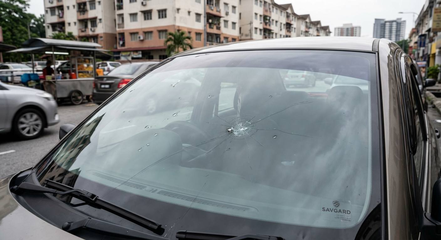 Expert Windscreen Repair Services in Cheras 31 A close-up image of a car windscreen in Cheras with visible chips and cracks caused by potholes and flying debris on busy urban roads.