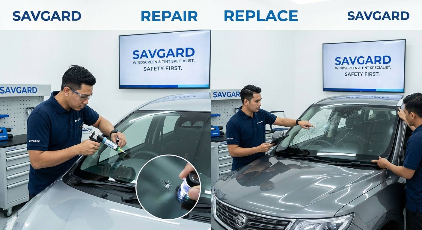 Expert Windscreen Repair Services in Cheras 33 Comparison illustration showing when to repair vs replace a windscreen: a small chip under 2 cm being repaired and a cracked windscreen requiring replacement, highlighting safety considerations.