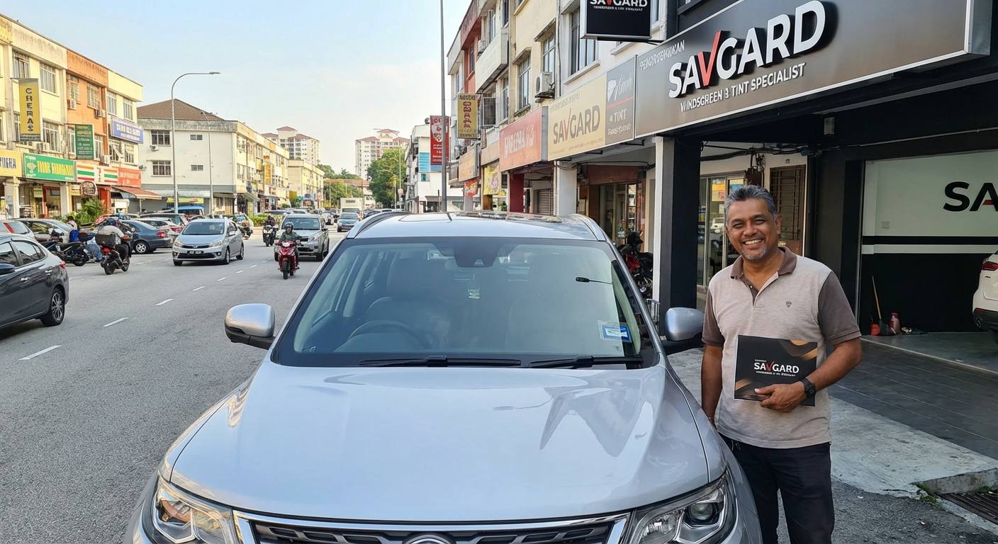 Expert Windscreen Repair Services in Cheras 34 Satisfied customer Ahmad in Cheras standing beside his car after successful windscreen repair, with a clear, restored windscreen and a bustling Cheras street in the background.