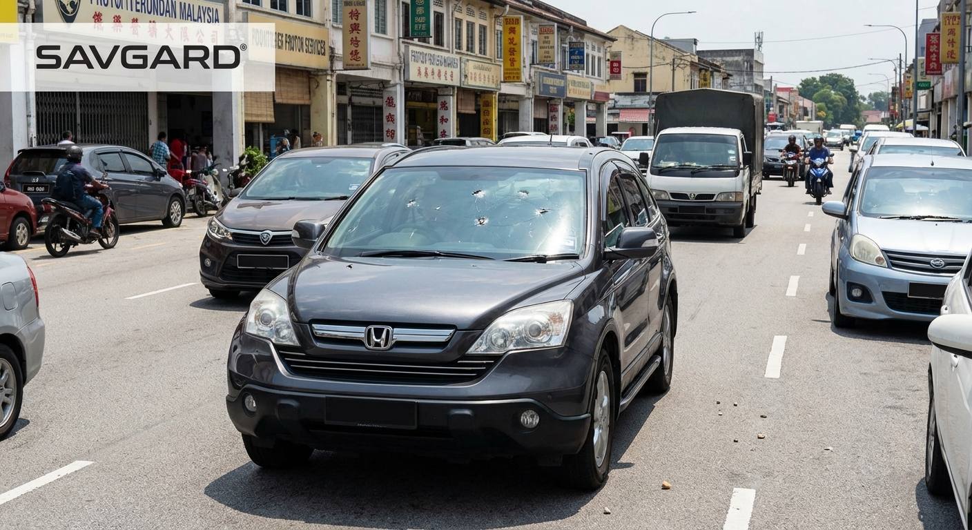 Windscreen Repair Kajang with SAVGARD 31 A busy street in Kajang with vehicles, highlighting a car's windscreen with visible chips from rogue stones.