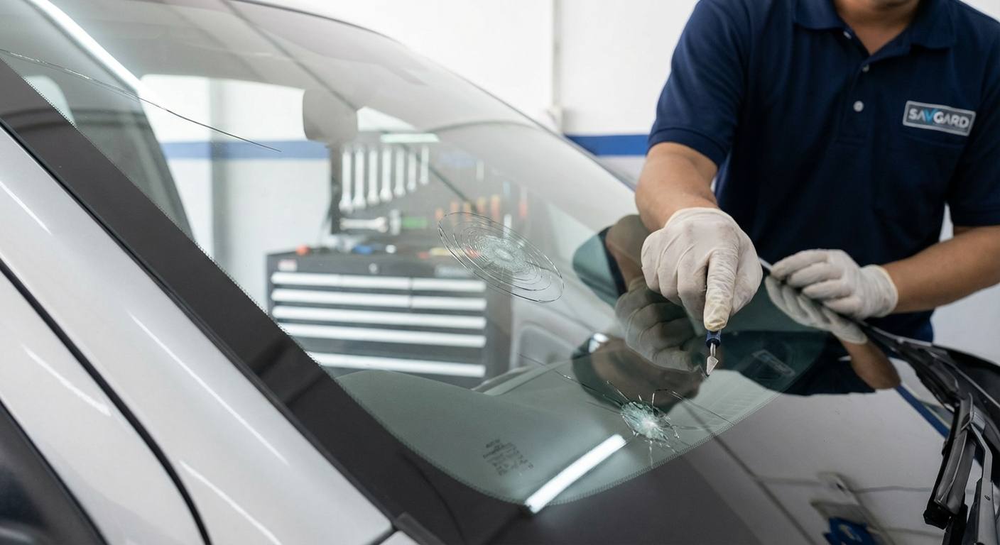 Windscreen Repair Kajang with SAVGARD 32 Close-up of various windscreen damages such as stone chips, star breaks, bullseye cracks, and edge cracks on a car windscreen.