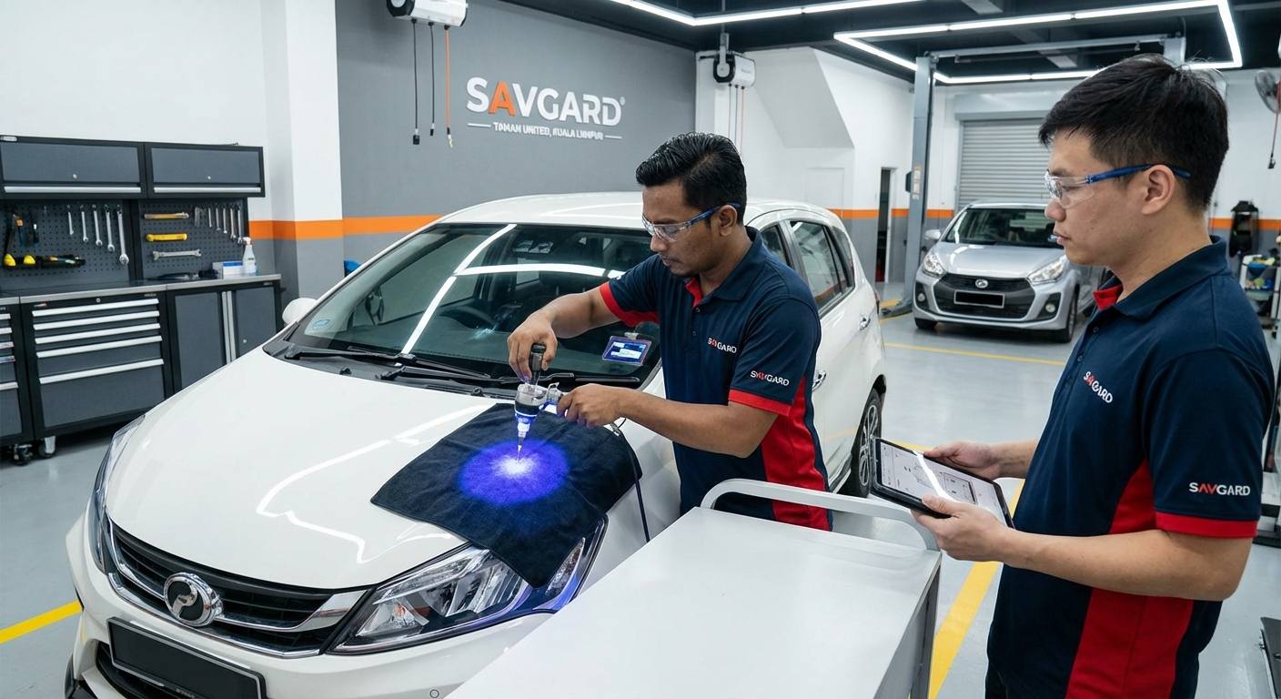 Windscreen Repair Kajang with SAVGARD 33 Technicians at SAVGARD’s modern Taman United workshop repairing a windscreen using advanced UV-cured resin injection technology.