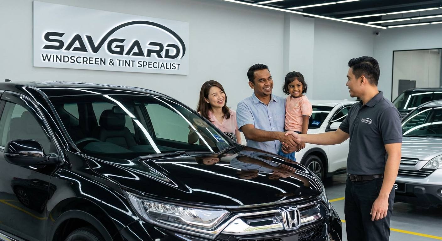 Windscreen Repair Kajang with SAVGARD 34 Happy customer receiving their repaired vehicle from SAVGARD, showcasing professional staff and clean, shiny cars with windscreen repairs complete.